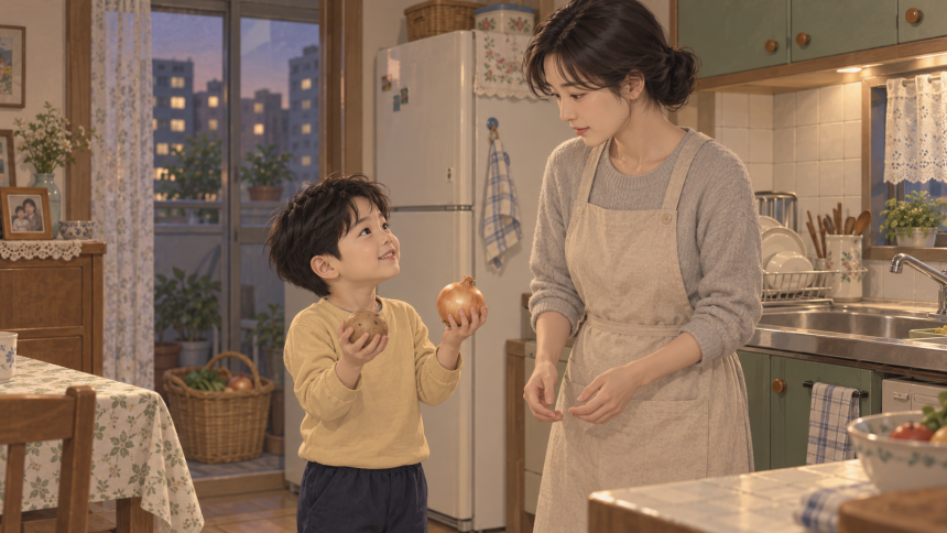 양파 한 알을 내민 부엌