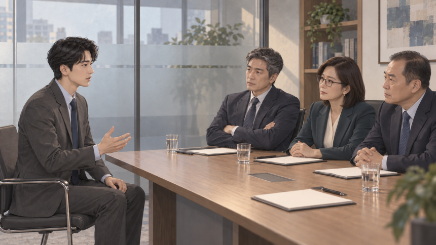 팔짱을 낀 면접관 앞에서