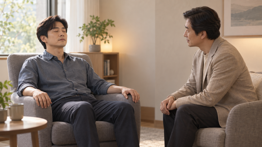 편안하게 눈을 감고 상담자의 안내에 집중하는 최면상담 장면