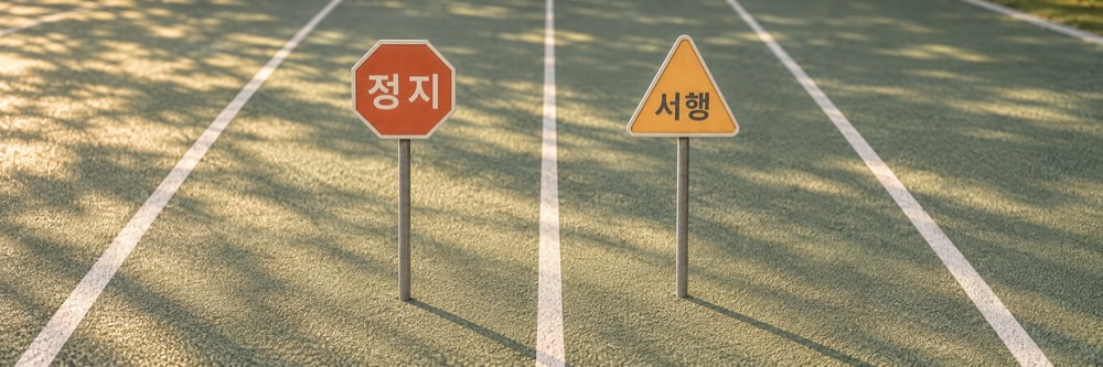 두 레인에 나란히 놓인 정지와 서행 표지판